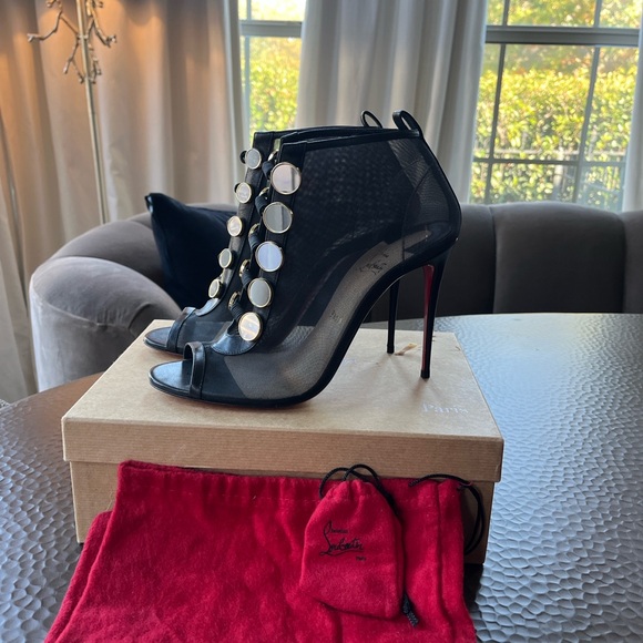 Christian Louboutin Black and Mirror Gold Open-Toe Heel Booties - Picture 2 of 6